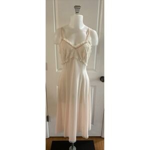 Vintage Pale Pink Satin Lace Nightie Nightgown Midi V-Neck Straps Slip Dress S/M